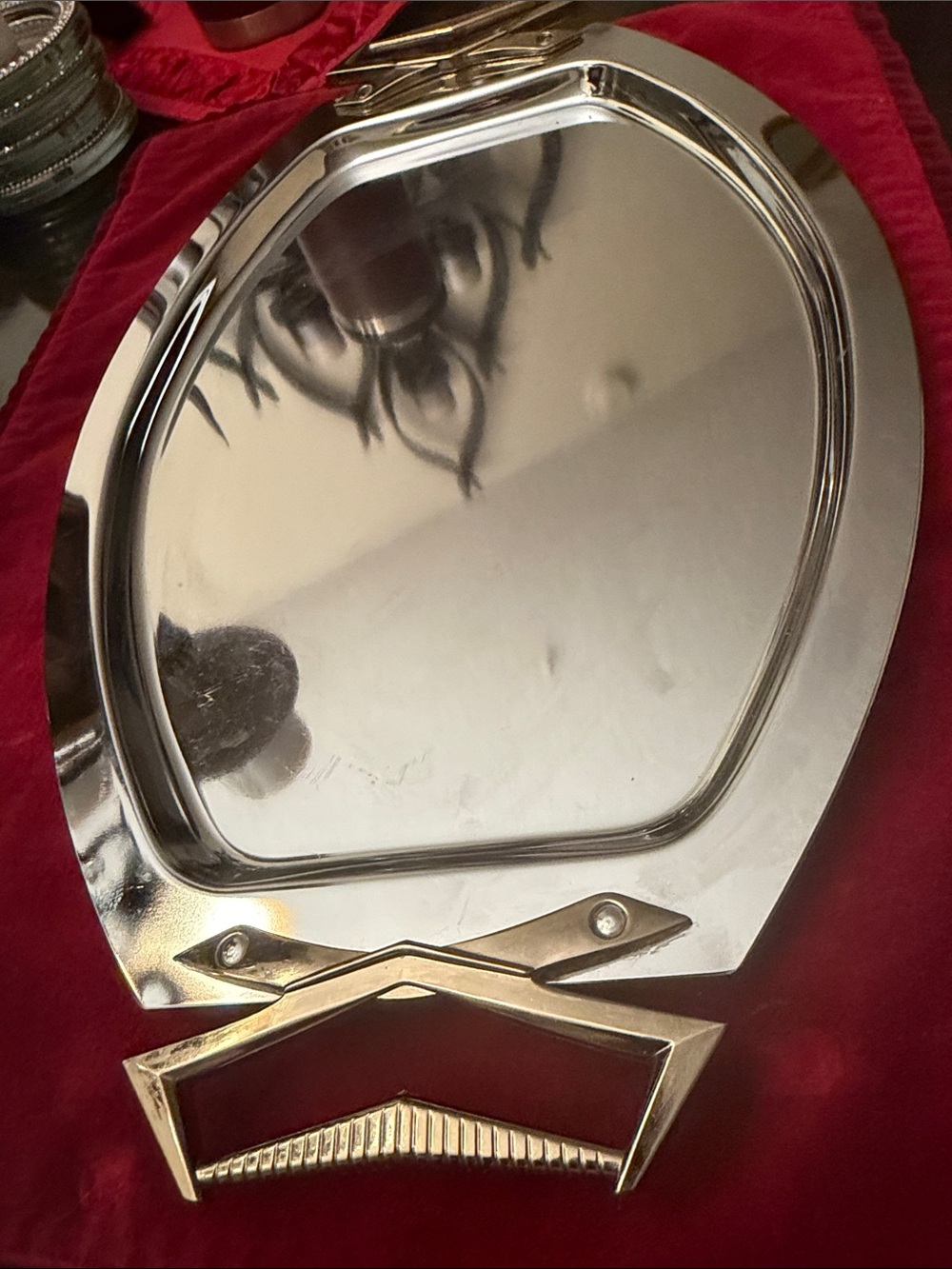 Polished Vintage Silver Serving Tray, Gold Accent Handle - Home Dining & Display